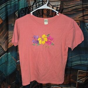 Womens Kauai Floral Embroidered Pink T-Shirt By Bay Beauty  Small (Travis-16)